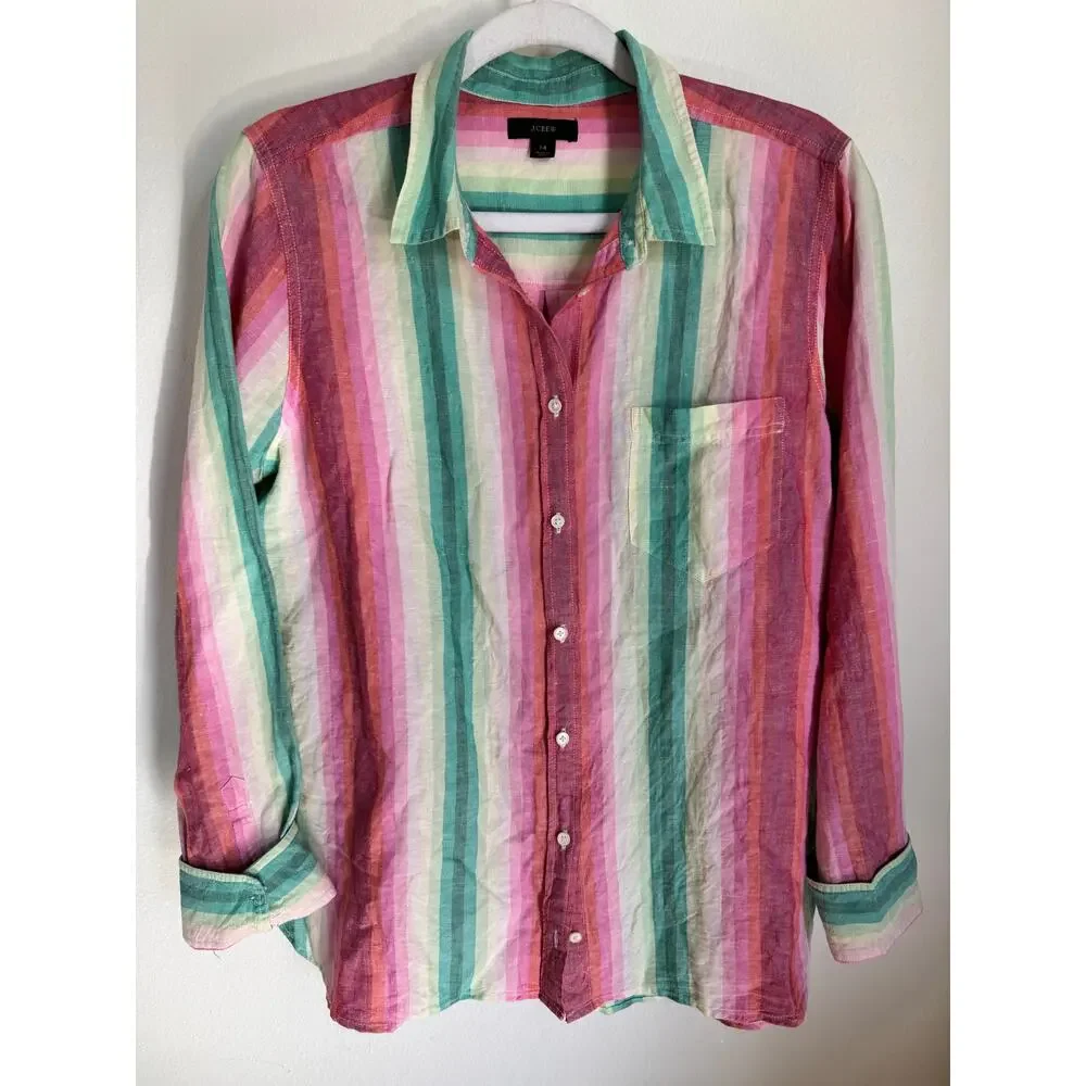 J. Crew Linen Blend Women’s Button Up Long Sleeve Colorful Stripes Size 14‎